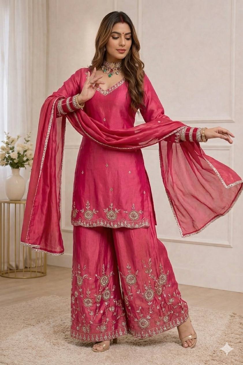 Radiant Rani Pink Embroidered Silk Couture